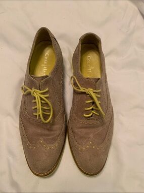Cole Haan Taupe Suede Wingtip Flats with Yellow Accents